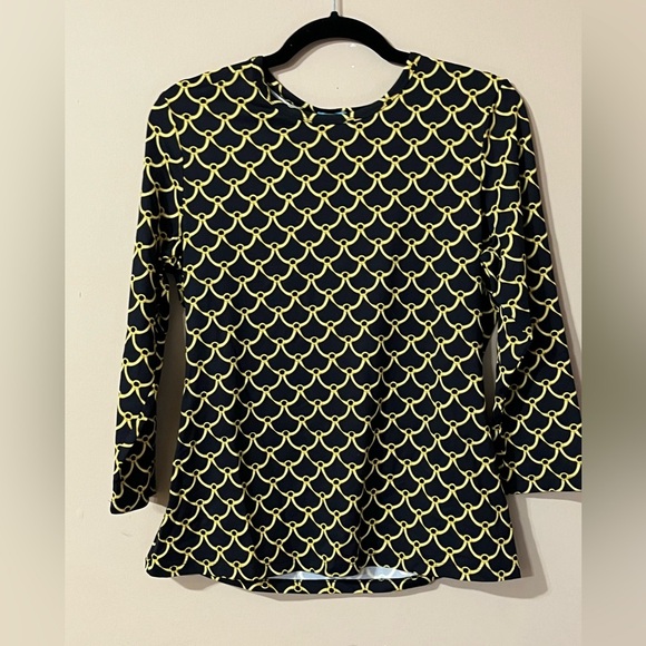 J. McLaughlin Navy and Gold Patterned 3/4 sleeves Blouse Size Medium - Picture 1 of 8